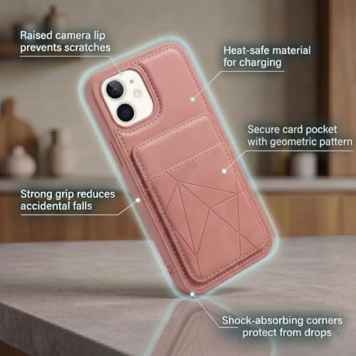 Image of amazon basics Premium Vegan Leather Back Cover with Card Holder and Integrated Mobile Stand for iPhone 11 - Slim Shockproof Wallet Case with Geometric Stitching [Pink]
