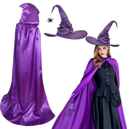 ZocRjvN 2 Stück Hexenkostüm Damen Set mit violetten Hexen Kostüm Damen Umhang und Hexenhut ideal für Karneval und Kostümfeste für Damens ab 170 cm