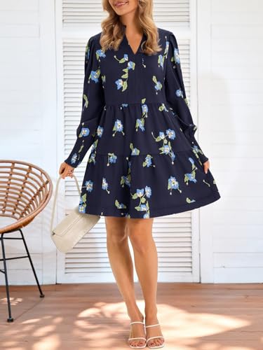 Image of Imily Bela Womens Fall Long Sleeve Tunic Dress Casual V Neck Tiered Dress | Loose,Swing,A-Line,Ruffled Collar,Puff Balloon Sleeve,Smocked Elastic Cuffs,Tiered Layered Ruffle Hem,Babydoll,Loose,Mini
