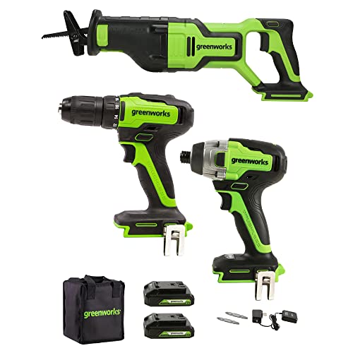 Greenworks 24V Brushless Drill/Driver + Impact Driver, 24V Brushless Reciprocating Saw，(2) 2Ah Usb Battery And Charger Included #TOP27