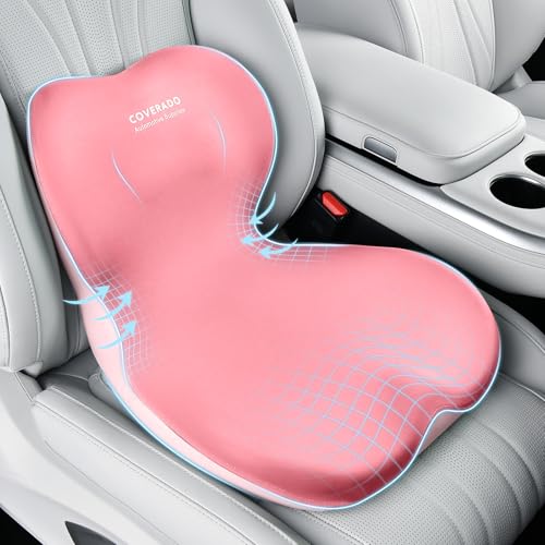Image of Coverado Seat Cushion and Lumbar Support Pillow One Piece for Car Office Chair, Ergonomic Memory Foam Desk Chair Cushion Back Support Pillow, Sciatica & Back & Tailbone Pain Relief Cushion-Pink
