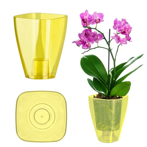 KADAX Blumentopf, schlanker Orchideentopf, Schlichter Pflanzkübel, Blumenkübel für Orchidee, Knabenkraut, Gänseblümchen, Übertopf für Küche und Wohnzimmer (⌀ 9cm, eckig, Gelb)
