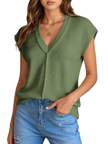 Saodimallsu Womens Summer Cap Sleeve Tops V Neck Casual Loose Fit Knit Lightweight Going Out Sweater Pullover Top