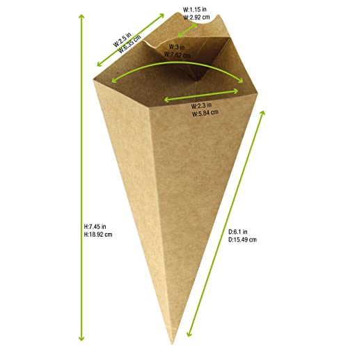Image of PacknWood 210CONFR1KR - Paper Cone Cup - Kraft Paper Cones with Built in Dipping Sauce Compartment - Grease-Resistant, and Leak-Proof - Finger Food Cones - (7.5 inch x 4.5 inch) (Pack of 500)