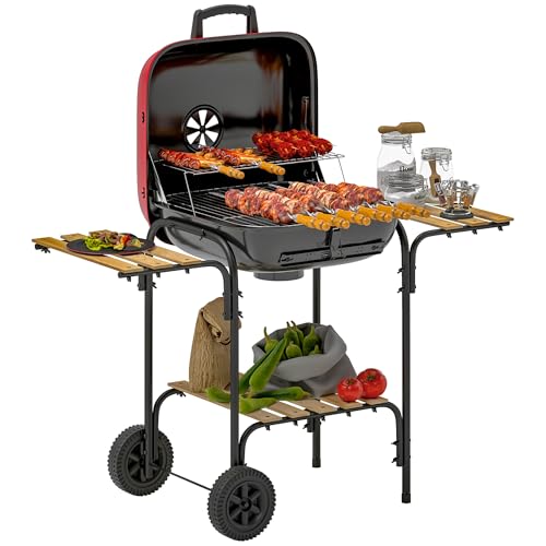 Outsunny Barbecue a Carbone con Ruote e 3 Ripiani, Barbecue a Legna con Coperchio e Griglia, BBQ con Presa d'Aria, in Acciaio e Legno, Rosso e Nero