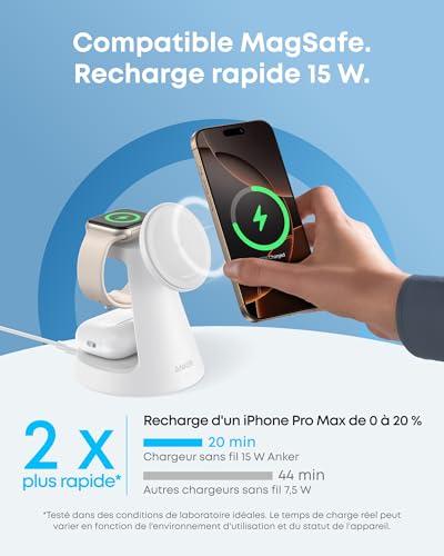 Anker MagGo Chargeur Induction iPhone 3 en 1 MagSafe 15W (Socle), Chargeur sans Fil Certifié Qi2 Compatible MagSafe, pour iPhone 17/16/15/14, Apple Watch, AirPods Pro, et Plus (Adaptateur fourni)