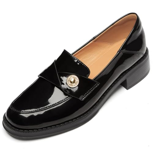 Image of Genuine Leather Womens Loafers - Black Closed Round Toe Slip-on Penny Loafers for Women, Comfortable Business Casual Dress Leather Shoes