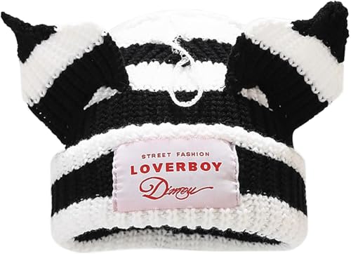 Cat Ear Beanie Striped Cat Ear Hat Y2k Hat for Women Men Unisex Knit Beanies Soft Slouchy Warm Crochet Cap