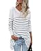 CNFIO Women's Long Sleeve Striped Tunic Shirt Loose Fit Oversized Blouses Tops White L
