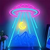 Letrero de neón UFO para decoración de pared, nave espacial alienígena, montaña, letrero de neón regulable con luz LED de neón para dormitorio, niños, sala de juegos, decoración de cerveza, bar