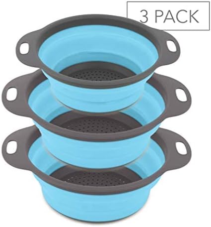 Homeries Kitchen Collapsible Colander (Set of 3) – Two 4-Quart & One x 2-Quart Folding Silicone Food Strainer with Ergonomic Handles – Perfect for Draining Pastas, Spaghetti, Vegetables & Fruits