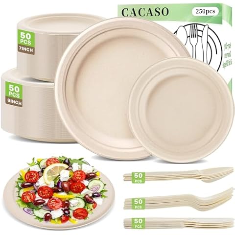 CACASO 250 PCS Compostable Paper Plates Set,Heavy Duty Disposable Paper Plates Set,Biodegradable plates and utensils Includes Plate,Extra Long Forks,Knives,Spoons for Party Camping Cover