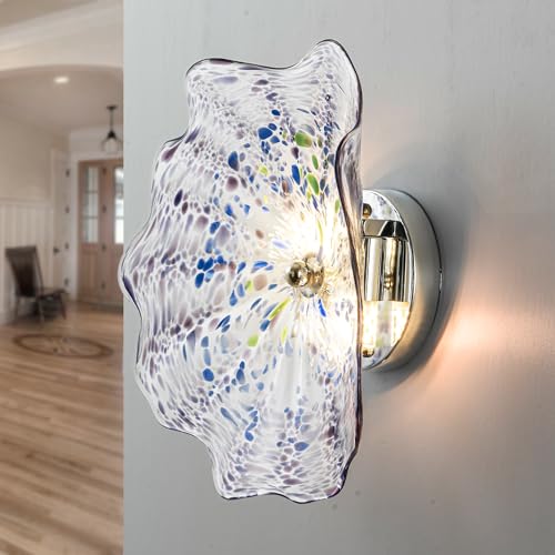 Image of Stained Glass Wall Light Dia 12 inch Wall Lamp with Murano Glass Shade Vintage Vanity Lighting Fixture with Metal Base Flush Mount Wall Sconce 2-Light for Bathroom, Bedroom, Bedside, Entryway