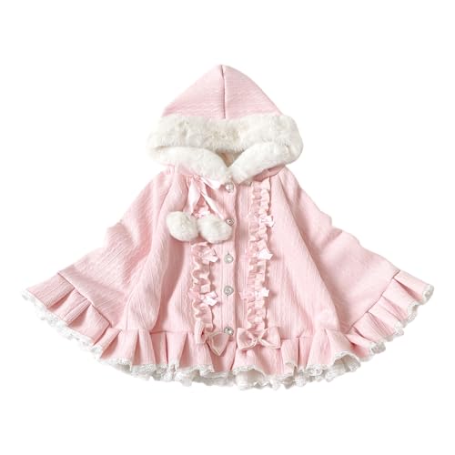 Cuteighteen Kawaii Lolita - Capa con capucha para adolescentes, con forro polar, abrigo de invierno con capucha y ribete de encaje, Rosa claro, Talla única