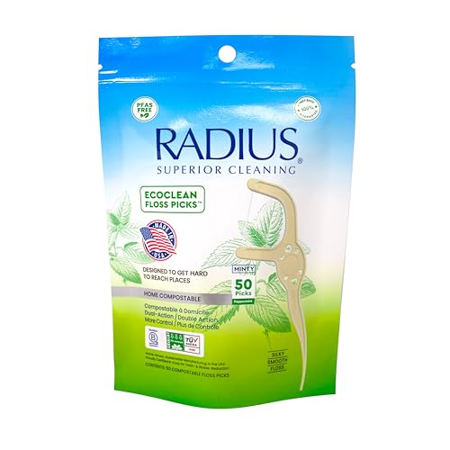 Radius Peppermint EcoClean Compostable Floss Picks Adult for Oral Care Boost Non Toxic Tooth & Gum Protection (50 Single Use Flossers per Pack)