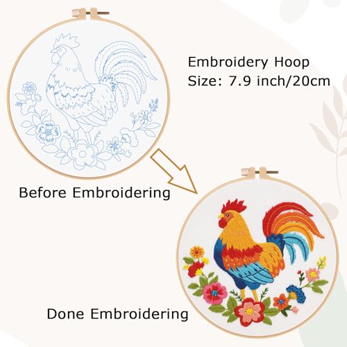 Image of Nuberlic Rooster Embroidery Kit for Adults Beginners, Stamped Farmhouse Embroidery Starter Kit with 7.9 Inch Hoop, Threads, Needles & Instructions, DIY Needlework Craft Gift