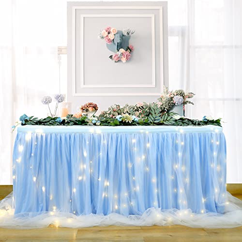 HBBMAGIC gonna da tavolo in tulle blu baby con luce, 427 cm, con volant, tutu lavabile per matrimonio, festa, compleanno, baby shower, torta, dessert, battesimo.