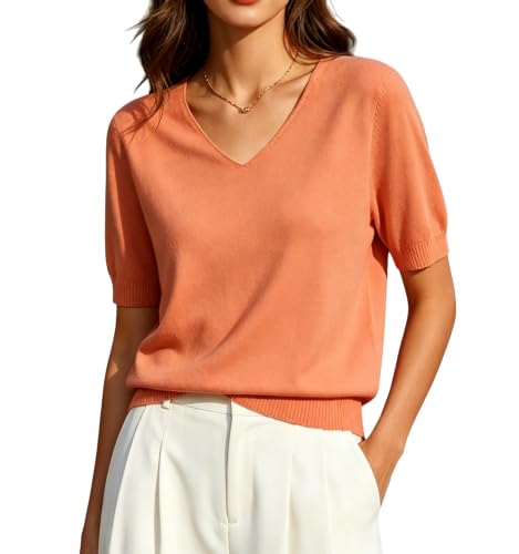Image of DAIMIDY Women's Short Sleeve Sweater V Neck Summer Knit Tops