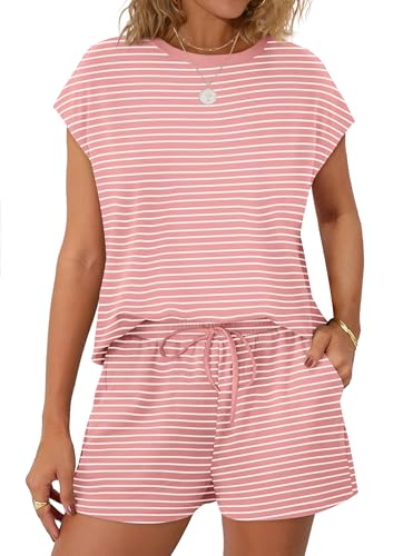 Image of WIHOLL Two Piece Sets for Women Summer Crew Neck Lounge Short Sets Cap Sleeve Drawstring Sweatsuit with Pocket