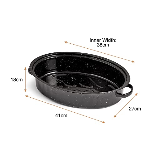 VonShef Enamel Roaster with Lid - Self-Basting, Deep Oval, Non-Stick Black Steel Oven Roasting Tin Heats up to 230°C for Stews, Casseroles & Roast Dinners - Gas/Electric, Easy Clean - 38cm - Image 3