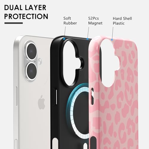 Coque iPhone 16 rose léopard magnétique fine en plastique rigide