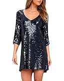 YOINS Donna Vestito da Sera Vestiti a Paillette Abito a Manica Lunga Lucido con Scollo Rotondo Abiti da Cocktail Blu Scuro EU40-42