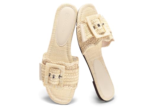Image of Coutgo Womens Flat Sandals Raffia Slip On Slide Sandal Square Open Toe Buckle Summer Beach Shoes Flats