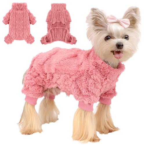 Dog Fleece Sweater, Winter Warm Small Dog Clothes for Girls Boy, Pet Stretchy Jumpsuit Pajamas, Turtleneck Puppy Sweaters with 4 Legged(Rose Pink, XS)