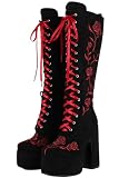 LISHAN Women's Round Toe Platform Lace Up Boots Roses Floral Embroidered Zip Up Chunky Block High Heels Side Zipper Faux Suede Knee High Boot Dress Festival Shoes Black Size 9.5