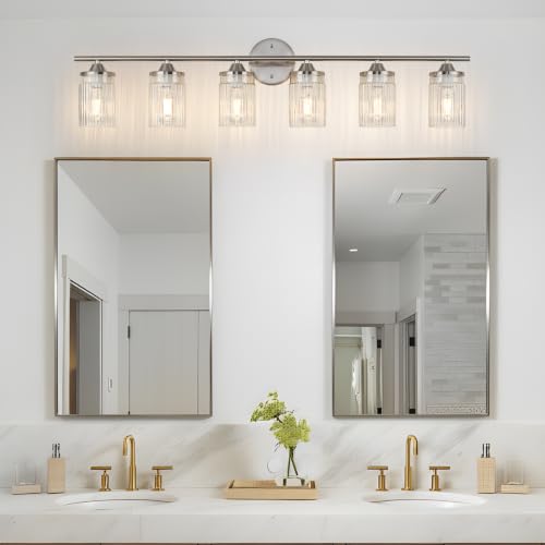 Image of Jonsi Nickel Bathroom Light Fixtures 6-Light Vanity Lights Modern Wall Sconce with Clear Glass Shade Brushed Nickel Bathroom Light Fixture Over Mirror for Bedroom Hallway Kitchen