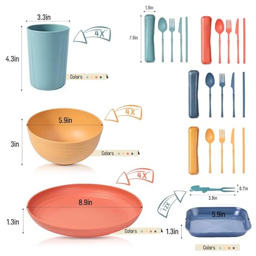 RHM 48Pcs Dinner Set for 4 - Camping Picnic Plates Bowls and Cutlery Set - Unbreakable Tableware - Microwave & Dishwasher Safe - Perfect for Camping, Picnic, RV, Dorm