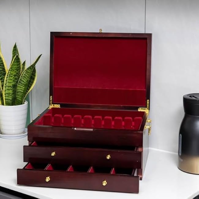 GENRICE Wooden Silverware Chest without Silverware Three-layer, Silverware Box Storage for Silver, Silverware Case with Handle and Felt Lined, Flatware Chest for 12 or 16 or more sets of Utensils