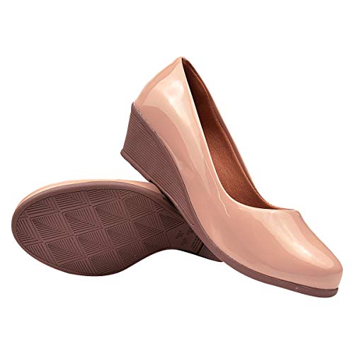 Sapato Scarpin Verniz Anabela Salto Médio Eleganteria Tamanho:35;Cor:Natural Nude