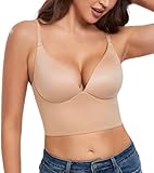 HACI Women's Plunge Deep V Bra Pullover Longline Seamless Wireless Padded T Shirt Bralette(Beige,32C)
