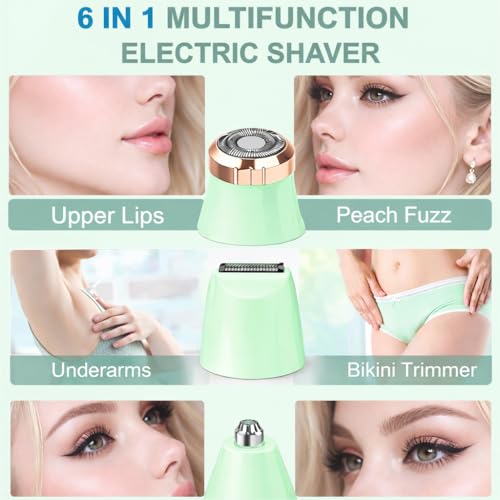 Image of 6-in-1 Women's Trimmer for Bikini, Face & Body Hair Removal - USB Rechargeable, Waterproof, 90 Min Runtime, Painless Facial & Body Hair Remover for Underarms, Upper Lip & Sensitive Areas (Mint Green)