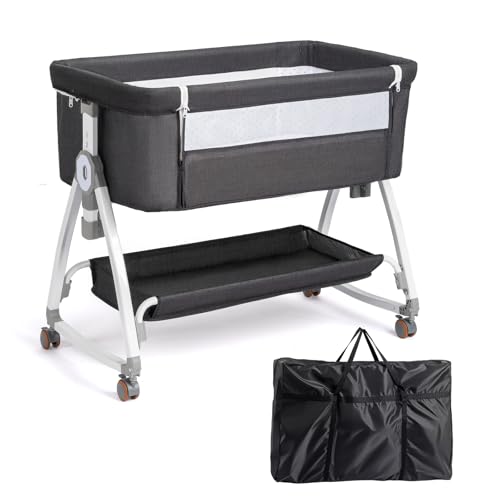 Image of JOYMOR 3 in 1 Baby Bassinet, Bedside Bassinet for Baby, with Comfy Mattress and Wheels, 6 Height Adjustable Easy Folding Portable Bedside Crib for Newborn (Black)