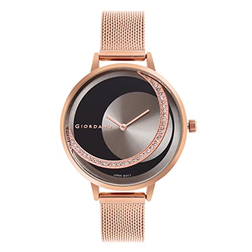 Image of Giordano Black Analogue Watch for Women with Rose Gold Case and Black Stylish Mesh Band Ladies Wrist Watch with Studds on Dial to Complement Your Party Look, Gift for Women