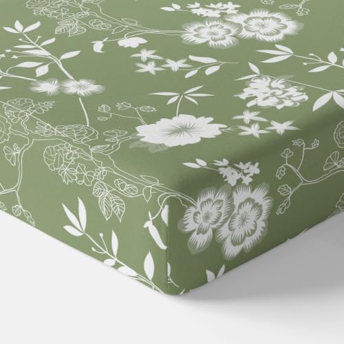 Image of LORETO - A QUALITY LINEN BRAND 144 TC 100% Pure Cotton Single Fitted Bedsheet with 1 Pillow Cover for 72 x 36 Inch Mattress, All-Around Elastic, 8 Inch Deep Pocket, Olive Green Floral Elegance