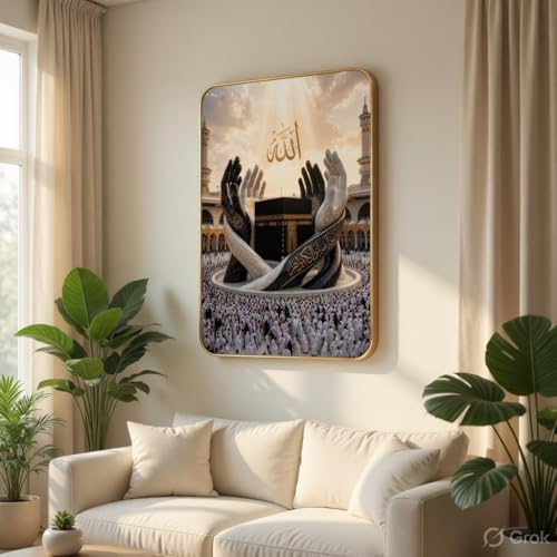 Image of SAF Islamic Allah Kaaba Dua Hands Wall Painting with Premium PVC Golden Frame, Makkah Mosque Religious Art, Muslim Home Decor for Prayer Room Living Room (13x19 Inch) MG-36041