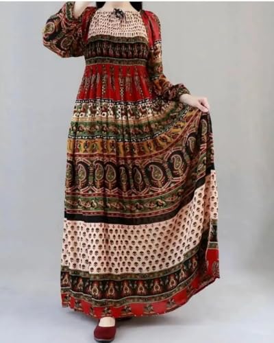 Image of Women's Cotton Dress Jaipuri Sanganeri Print Midi Long Dress Printed Fit and Flare Maxi Dress A-Line Gown Dress Maxi Skirt, Mandala (Free Size)