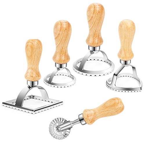 Freehawk 5-Piece Ravioli Stamp Set Ravioli Stamp Maker Cutter Pasta Roller Wheel Cutter with Wooden Handle for Ravioli Pasta Dumplings Dough Cutter