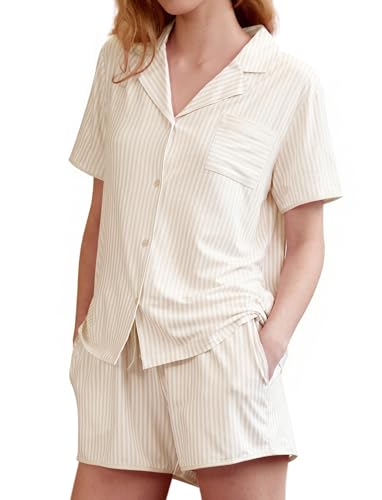 KFUBUO Women's Striped Pajama Sets 2 Piece Summer Short Sleeve Button Down Shirts Matching Shorts Set with Pockets 2026 Cream
