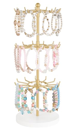 Mkono Bracelet Holder Gold Metal Rotating Bracelet Display Stand 3 Tier Jewelry Tower rack with 36 Hooks and Wood Base Modern Adjustable Storage Organizer Tree for Selling Bangle Accessories