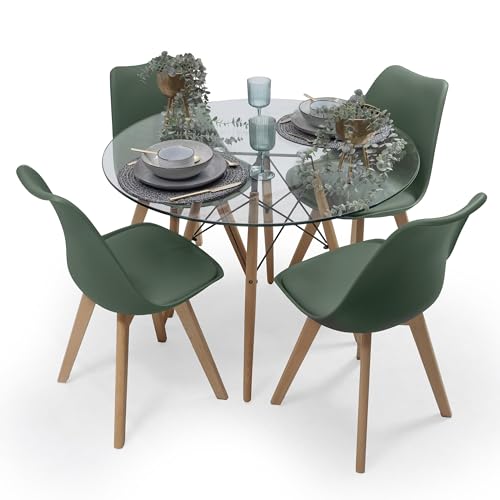 Homely - Conjunto de Comedor Tower 90 Day Cristal Mesa de Cristal Redonda de 90 cm y 4 sillas Day (Verde Oscuro)