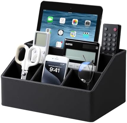 Cretkhp Remote Control Holder with 5 Compartments for Office Art Supplies, PU Leather Nightstand Organizer Pencil Pen Desk Caddy for Home, Desktop TV Remote Control Organizer Storage (Black)