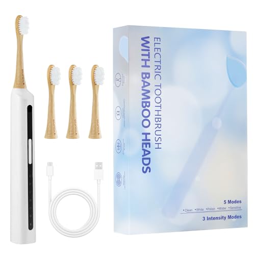 GUFICLE Bamboo Electric Toothbrush丨Rechargeable Electric Toothbrush with 4 Bamboo Heads, Soft Castor Oil Bristles,5 Moedes&3 Intensities, 45 Days Battery Life, IPX7 Waterproof-White
