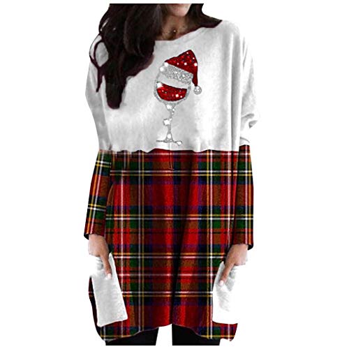 Damen Longshirt Dasongff Weihnachtself Drucken Langarmshirt Rundhals Tunika Tops Kontrast Patchwork Pullover Sweatshirt Mini Kleid Weihnachten Lässige