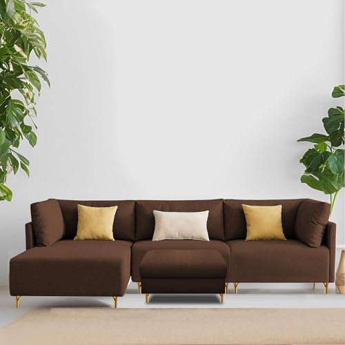 Image of Carina LHS 4 Seater L Shape Sofa Set with Center Table for Living Room (Brown Fabric) Premium Fabric Sofa