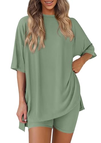 PRETTYGARDEN Women 2 Piece Lounge Set 2026 Summer Casual Oversized Shirts Biker Shorts Matching Airport Travel Outfit Clothes (Bean Green Medium)
