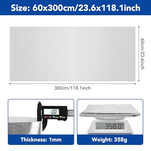 MSLHUB Aluminisierte Hitzeschutzmatte, 60 x 300 cm Hitzeschutzfolie Selbstklebend Rückseite, Isolierfolie Heizung, Kleberücken Aluminium Glasfaser Blatt für Schlauch und Automatische Verwendung